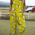 Damen-Jumpsuit mit Vintage-Bienen- und Blumenmuster, lässig, aus 100 % Baumwolle, mit weitem Bein 