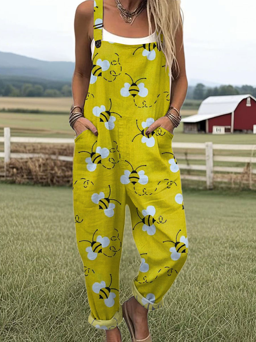 Women's  Vintage Bee Floral Art Print Casual 100% Cotton Wide Leg Jumpsuit