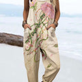 Women's Vintage Abstract Romantic Ocean Jellyfish Floral Art Print Casual 100% Cotton Wide Leg Jumpsuit