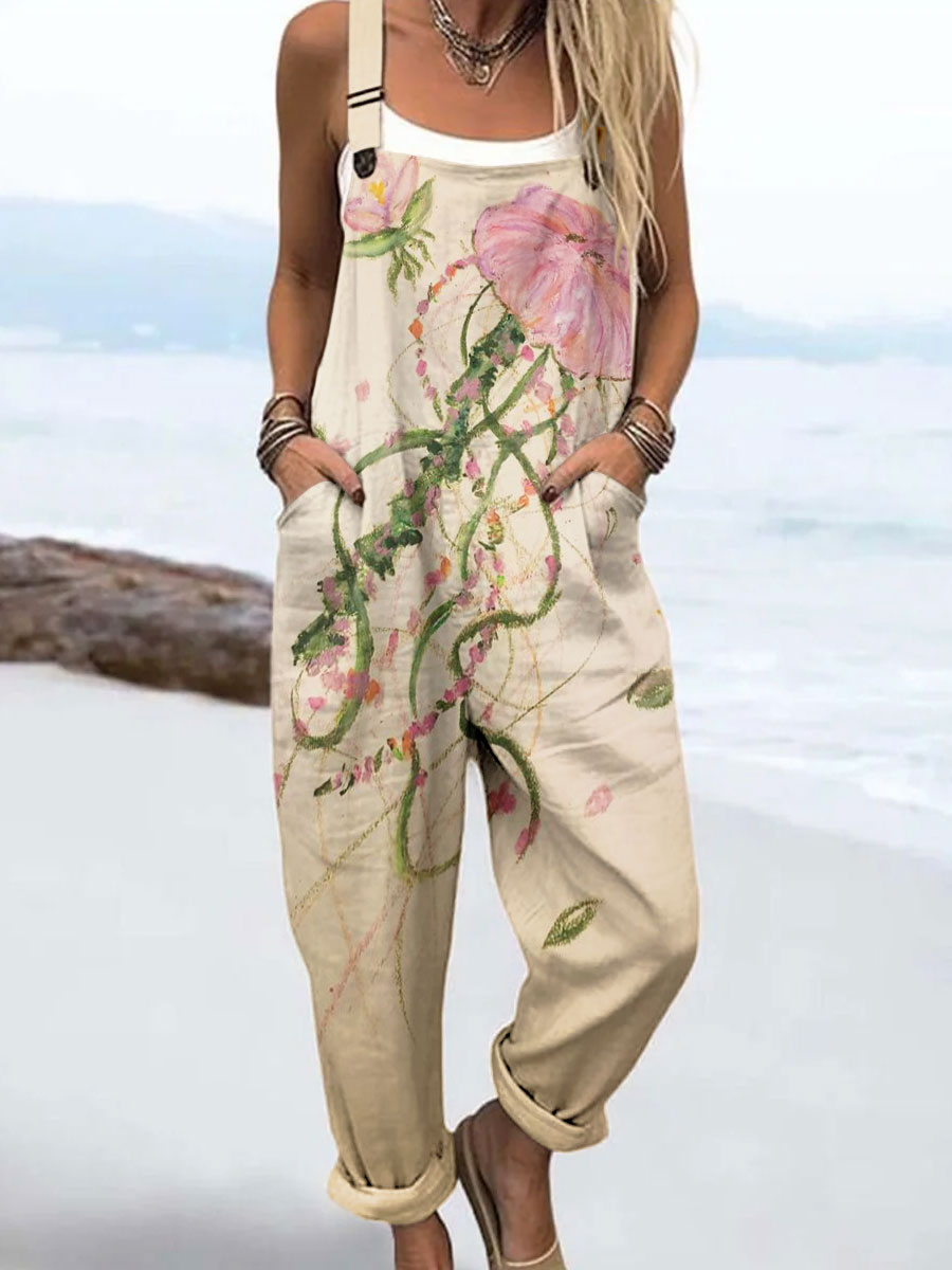 Women's Vintage Abstract Romantic Ocean Jellyfish Floral Art Print Casual 100% Cotton Wide Leg Jumpsuit