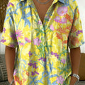 Women's Vintage Botanical Floral Casual Polo Collar Short-sleeved Linen And Cotton Shirt