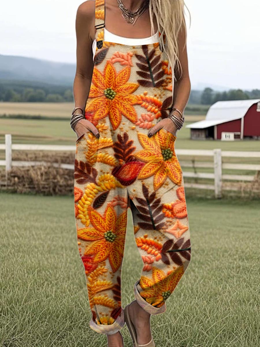Women's Vintage Maple Pattern Art Print Casual 100% Cotton Wide Leg Jumpsuit