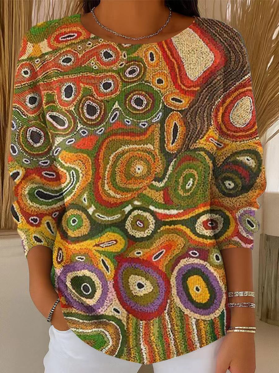Women's Vintage Colorful Abstract Circle Painting Art Print Casual Pullover Sweater