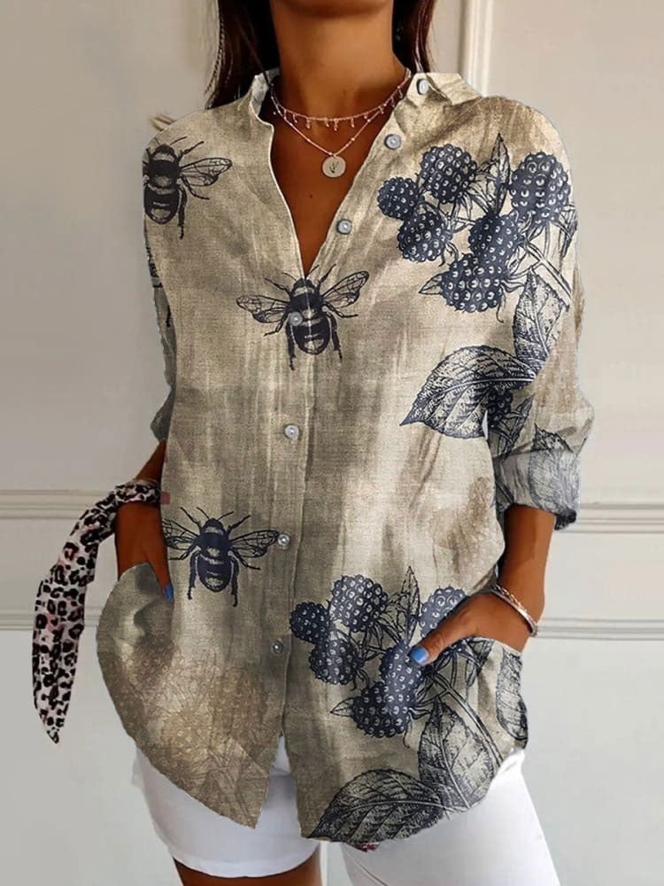 Women's   Bee Art Print Casual Cotton Shirt