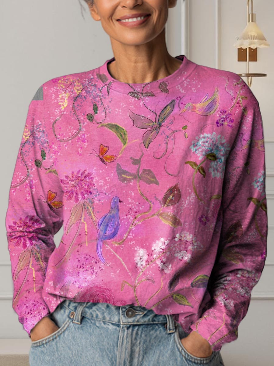 Women's Vintage Floral Bird Art Print Casual Cotton T-Shirt