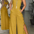 Women's Solid Color High Waist Button Casual Linen Jumpsuit Wide Leg Pants