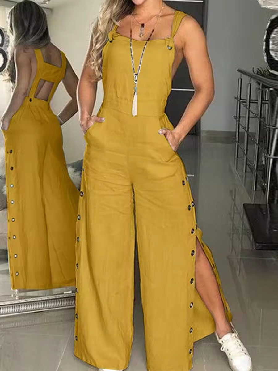 Women's Solid Color High Waist Button Casual Linen Jumpsuit Wide Leg Pants