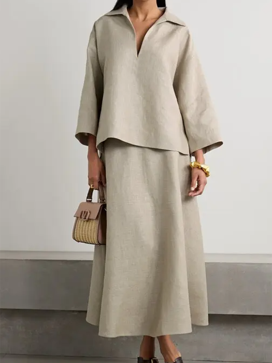 Women's V-neck Top and Skirt Linen Two-piece Suit