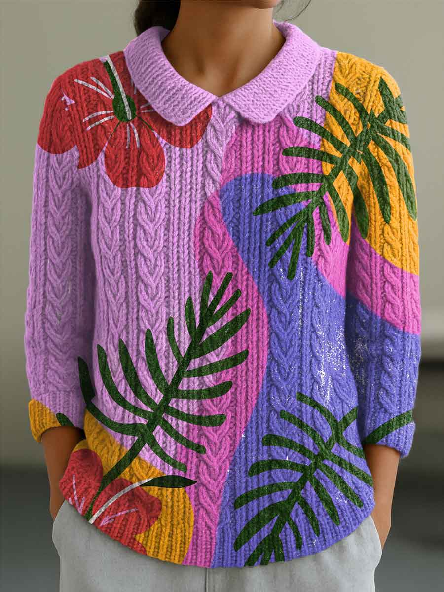 womens-contrast-color-stitching-flowers-casual-print-peter-pan-collar-3-4-sleeve-sweater-4z70