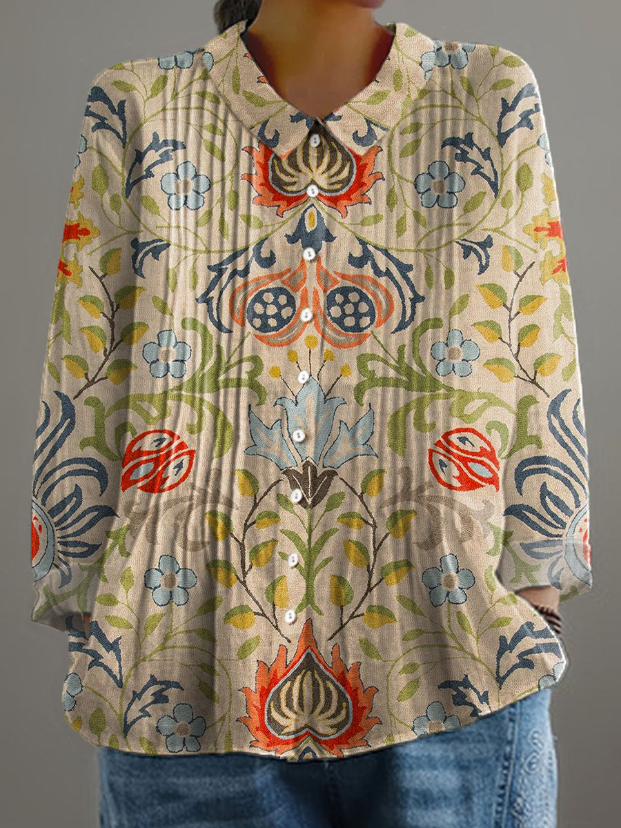 Women's Vintage Floral Art Print Casual Cotton And Linen Ruffle Shirt