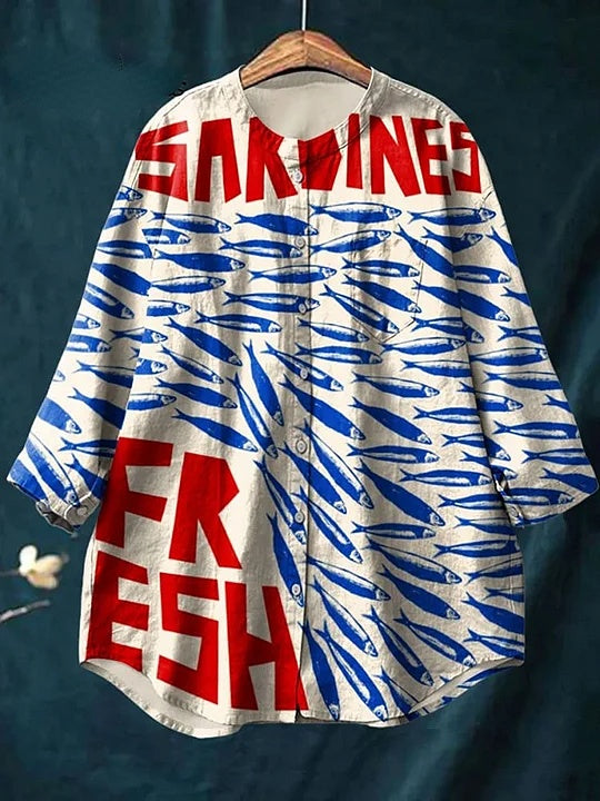 Women's Vintage Fish Sardines Art Print Casual Cotton And Linen Shirt