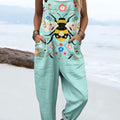 Women's Fashion Floral and Bee Art Print Casual 100% Cotton Wide Leg Jumpsuit