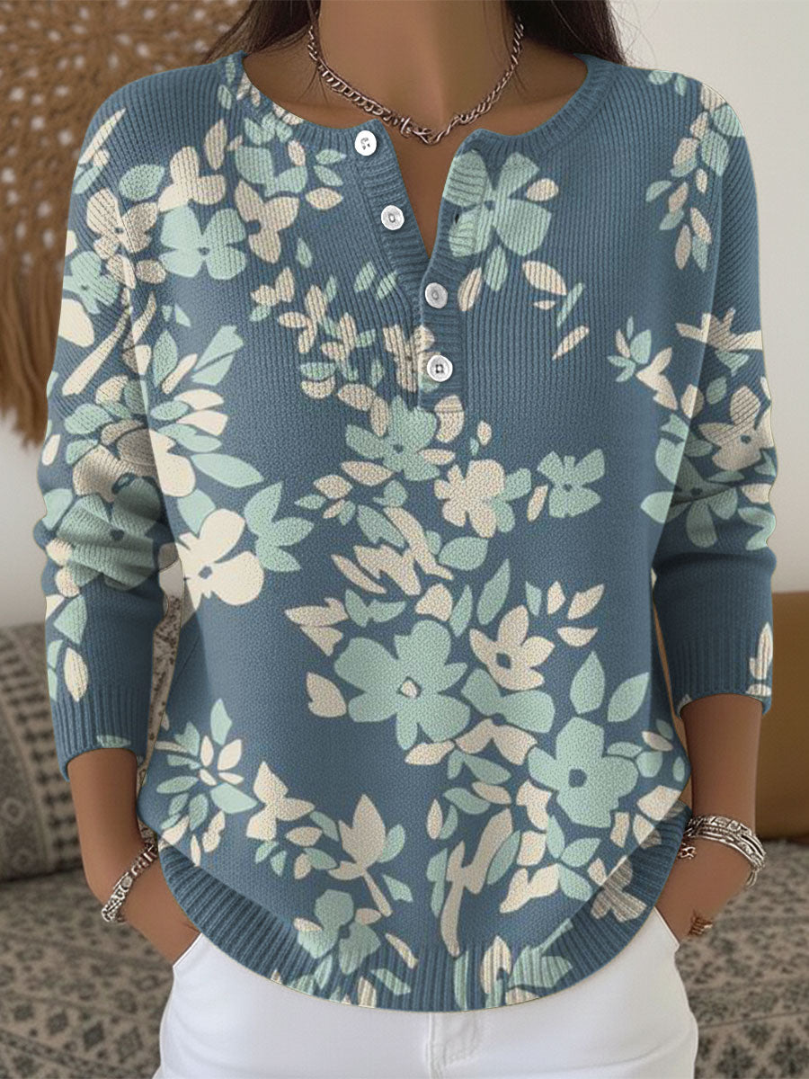 Flower Pattern Art Print Buttoned Cardigan Sweater