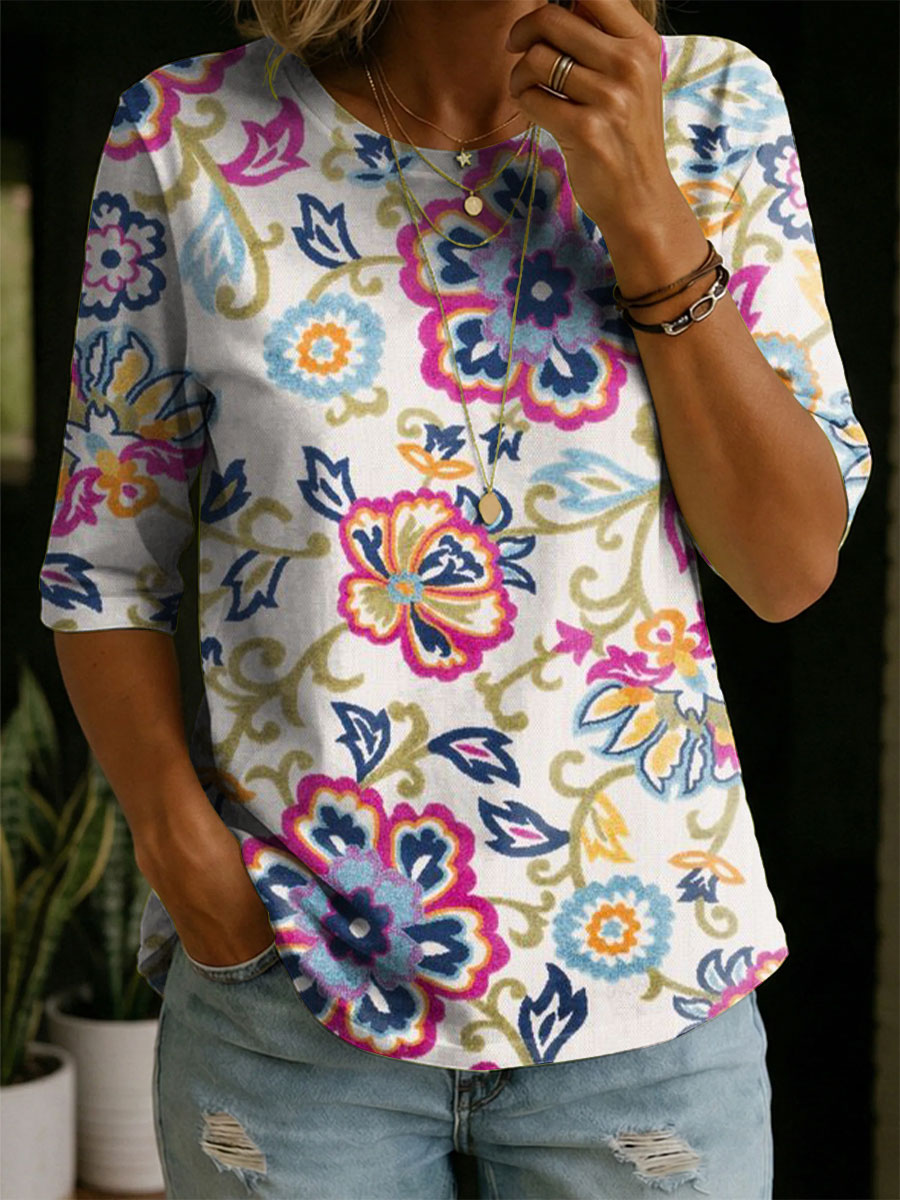 Women's Floral Pattern Art Casual Loose Half Sleeve 100% Cotton T-shirt