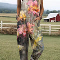 Women's Vintage Floral Art Print Casual 100% Cotton Wide Leg Jumpsuit