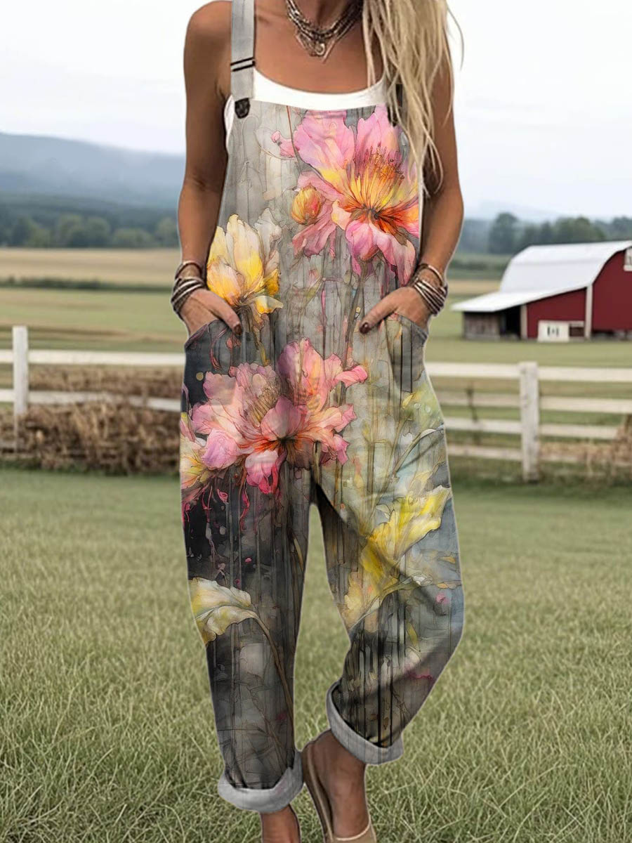 Women's Vintage Floral Art Print Casual 100% Cotton Wide Leg Jumpsuit