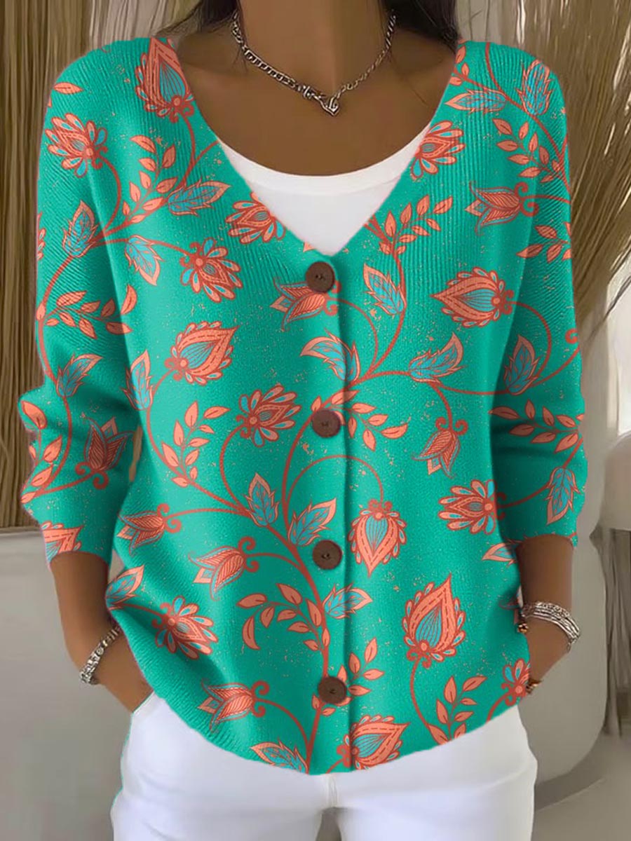 womens-vintage-floral-art-print-buttoned-v-neck-cardigan-sweater