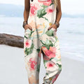Women's Vintage Art Oil Painting Flowers Print Casual 100% Cotton Wide Leg Jumpsuit