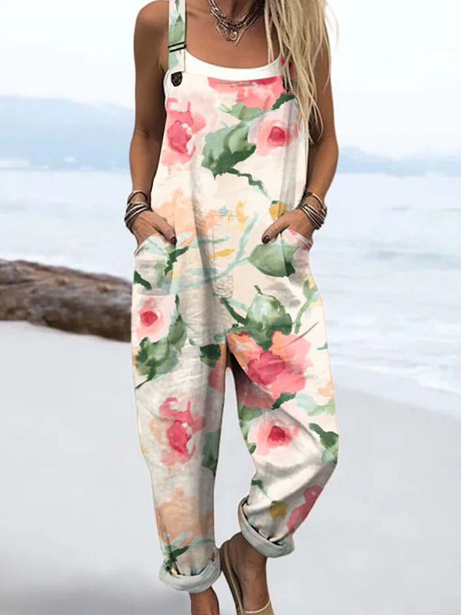 Women's Vintage Art Oil Painting Flowers Print Casual 100% Cotton Wide Leg Jumpsuit