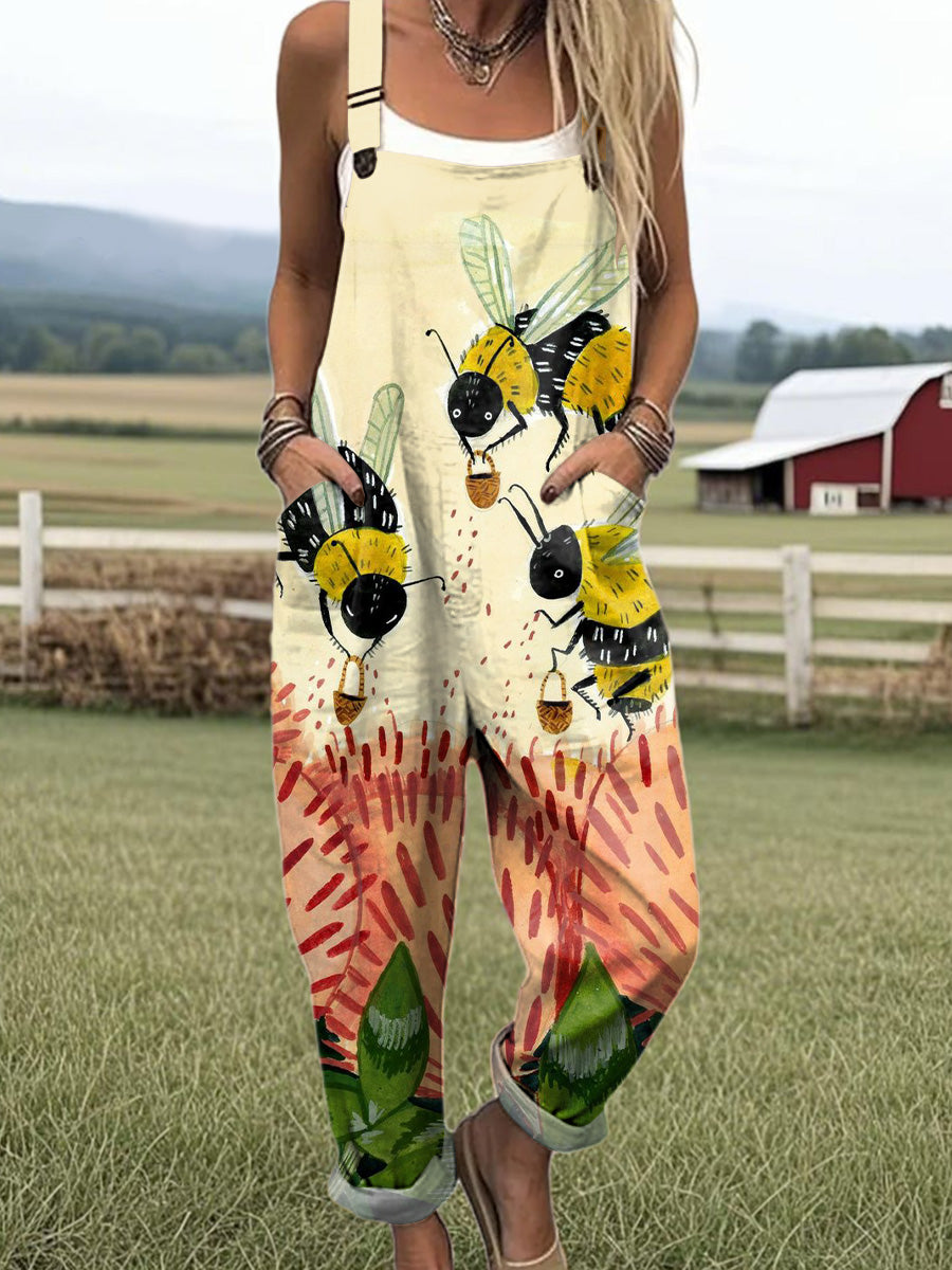 Women's Colorful Cute Flowers Bee Drawing Art Print Casual 100% Cotton Wide Leg Jumpsuit
