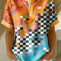 Retro Color-block Patchwork Print Loose-fit Cotton-linen Short-sleeve Shirt