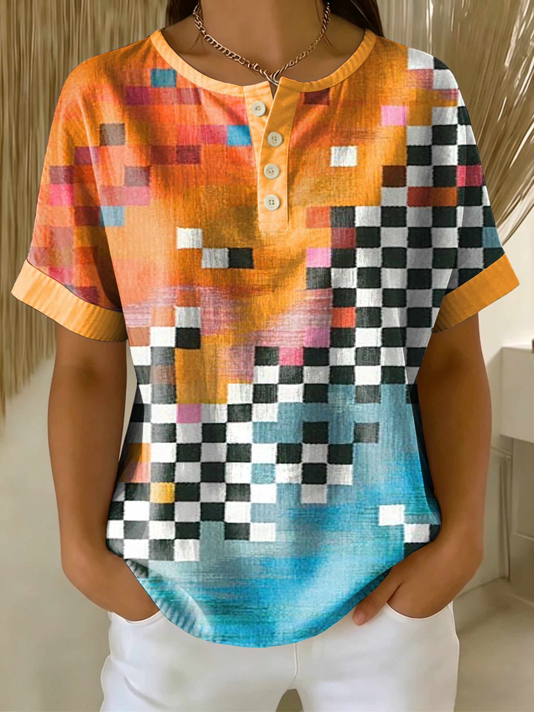 Retro Color-block Patchwork Print Loose-fit Cotton-linen Short-sleeve Shirt