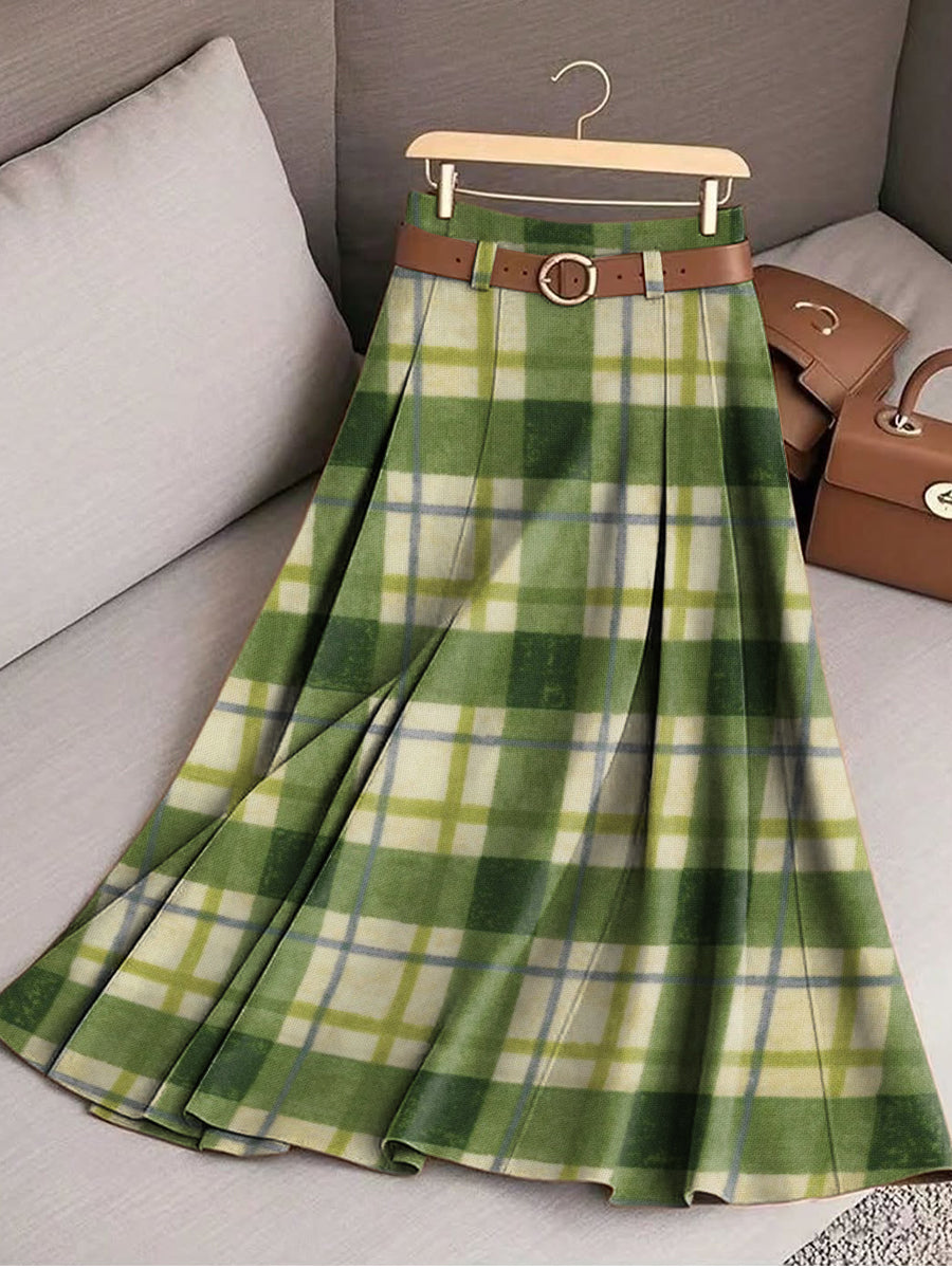 Women's Vintage Beautiful Green Plaid Art Print Cotton Skirt