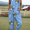 Women's Funny Bee Art Print Casual 100% Cotton Wide Leg Jumpsuit