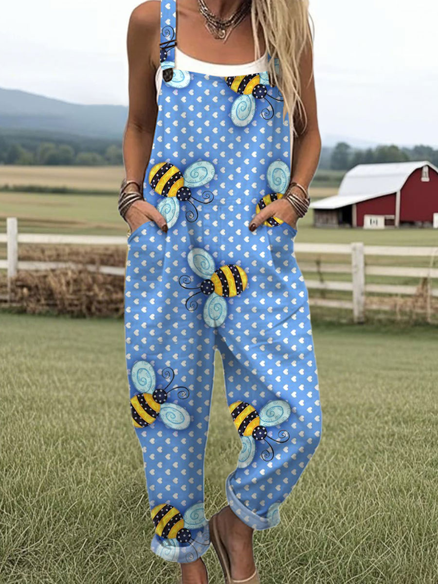 Women's Funny Bee Art Print Casual 100% Cotton Wide Leg Jumpsuit