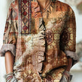 Women's Vintage Ethnic Geometric Painting Art Print Casual Cotton And Linen Ruffle Shirt
