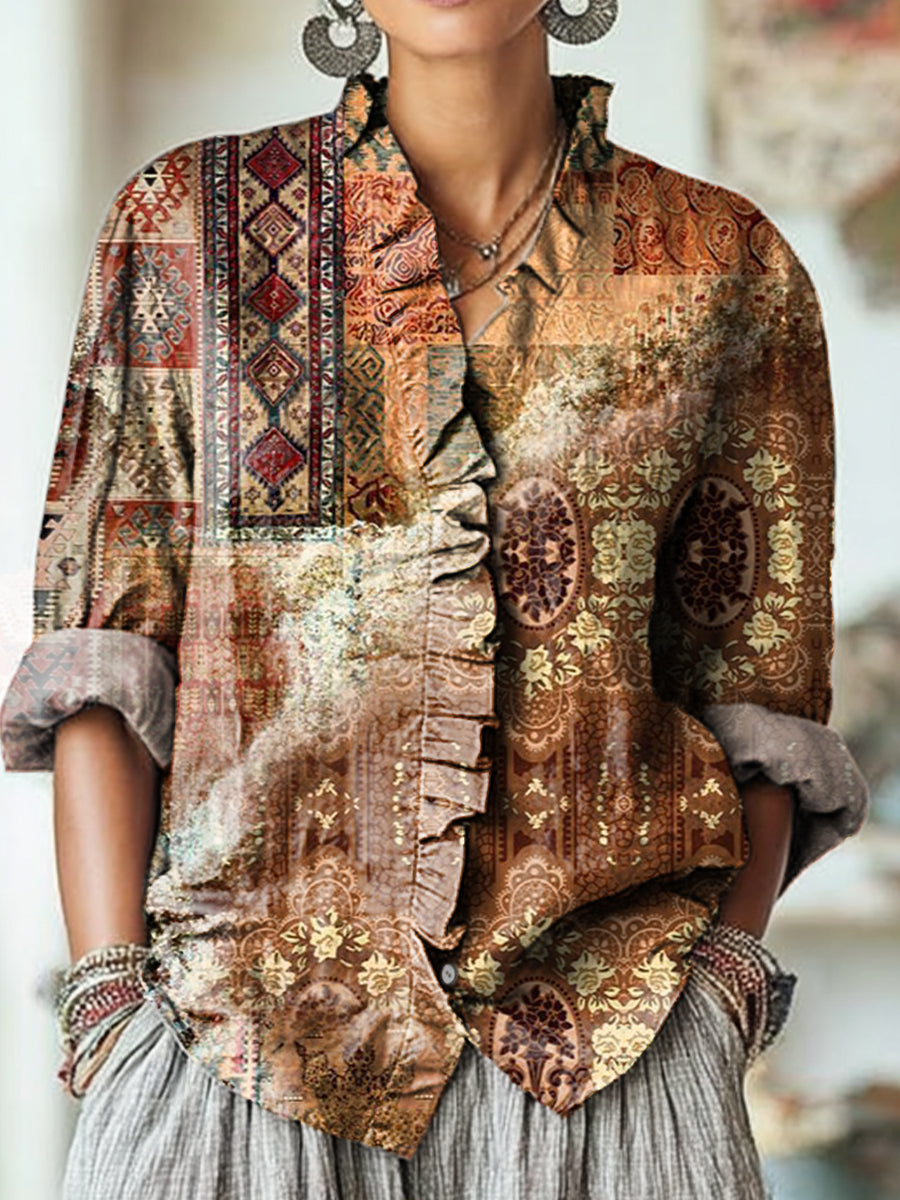 Women's Vintage Ethnic Geometric Painting Art Print Casual Cotton And Linen Ruffle Shirt