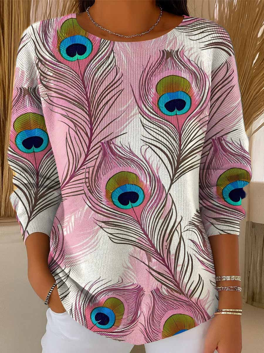 Women's Peacock Feather Pattern Art Print Casual Pullover Sweater