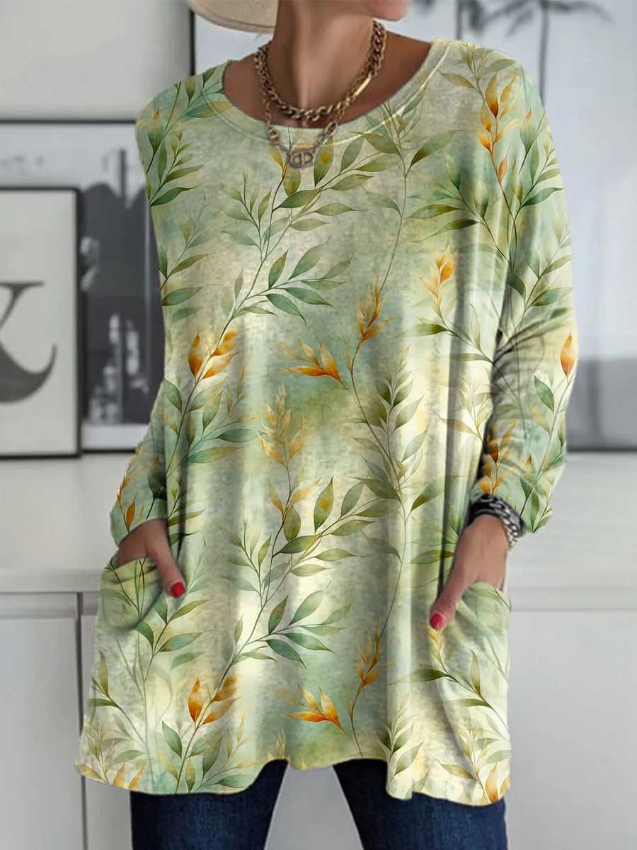 Women's Leaves Pattern Art Print Casual Long Sleeve T-shirt