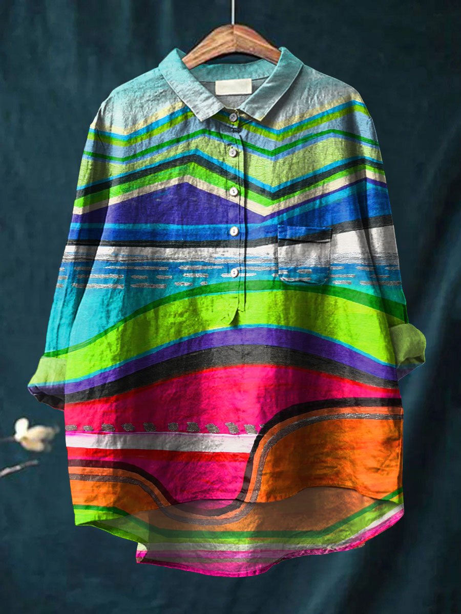 Abstrct Art Printed Women's Casual Cotton And Linen Shirt