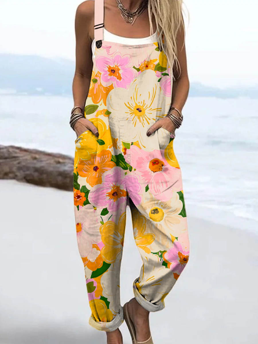 Women's Vintage Floral Art Print Casual 100% Cotton Wide Leg Jumpsuit