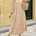 Women's Stand Collar Long Sleeve Casual Loose Pleated Solid Color Dress