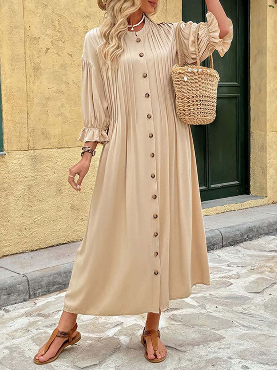 Women's Stand Collar Long Sleeve Casual Loose Pleated Solid Color Dress