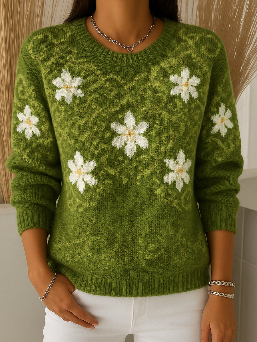Vintage Flower  Art Print Knit Pullover Sweater