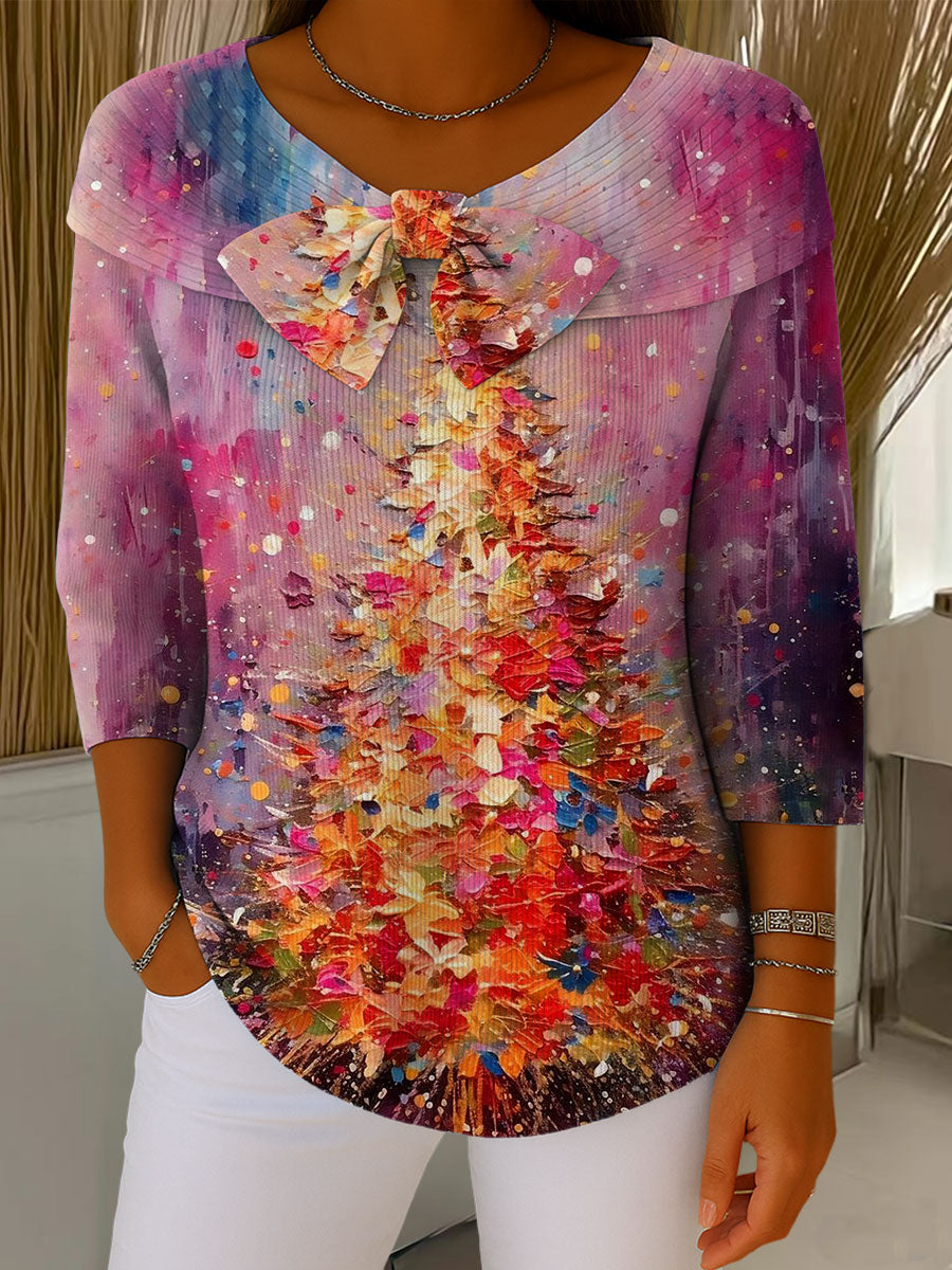 Vintage Christmas Tree Art Print Buttoned Cardigan Sweater