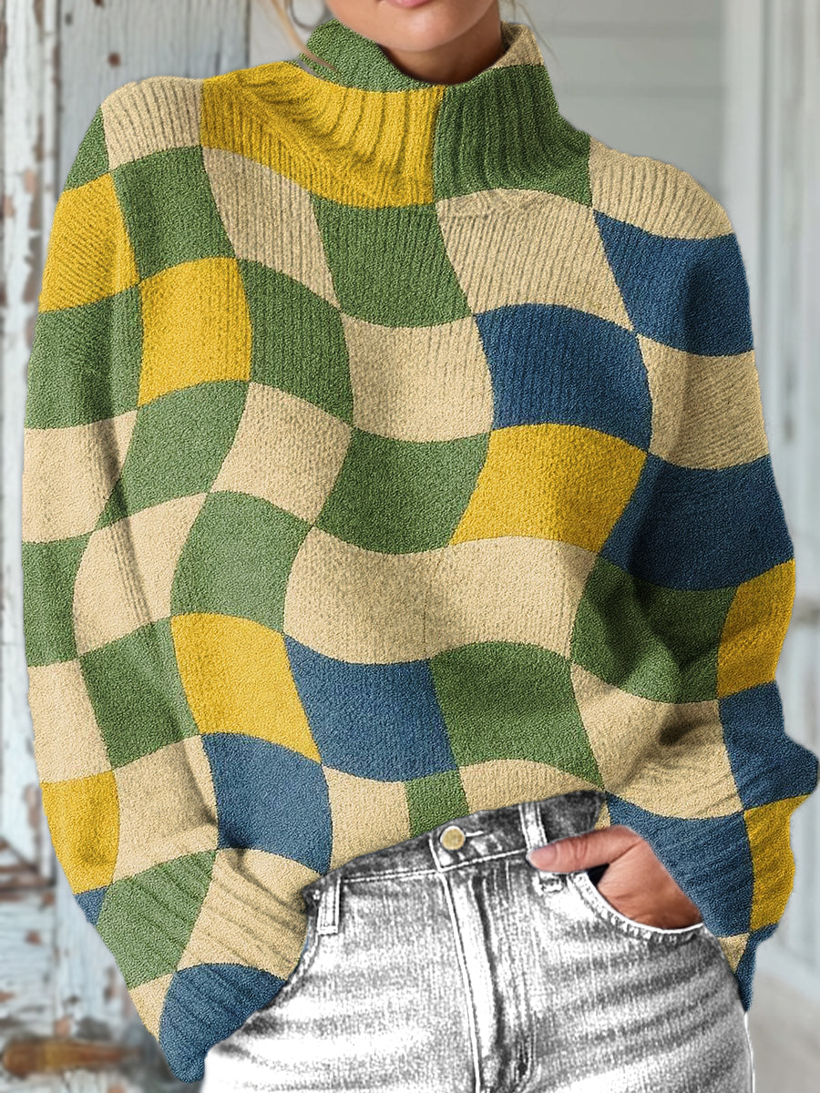 abstract-geometric-checkered-painting-art-print-knit-turtleneck-pullover-sweater