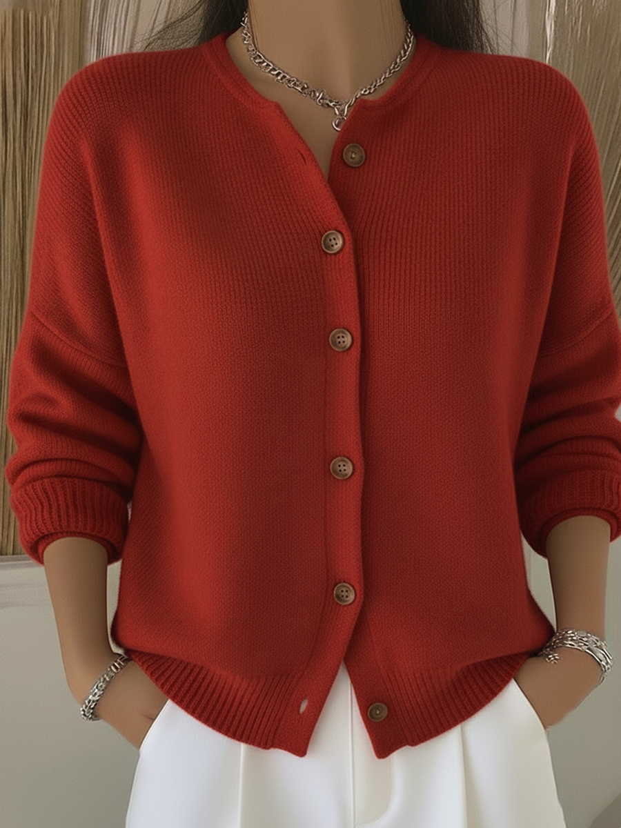 Cozy Crew Neck Solid Color Button Knit Cardigan Sweater