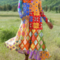 Women's Abstract Colorful Geometric Patchwork Art Print Long-sleeved Dress