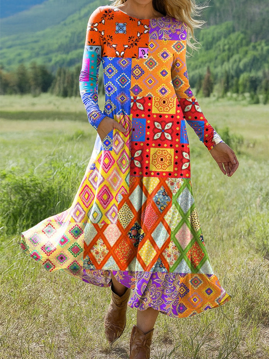 Women's Abstract Colorful Geometric Patchwork Art Print Long-sleeved Dress