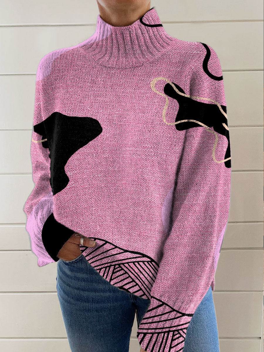 Random Pink Blocks Print Knit Turtleneck Pullover Sweater