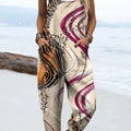 Women's Vintage Leopard and Line Art Print Casual 100% Cotton Wide Leg Jumpsuit