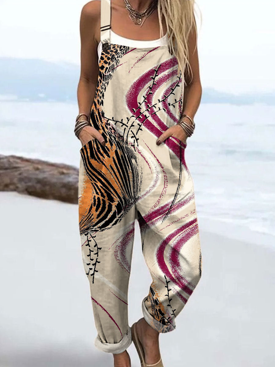 Women's Vintage Leopard and Line Art Print Casual 100% Cotton Wide Leg Jumpsuit