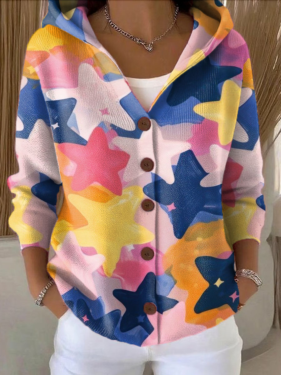 Women's Colorful Starts Printed Casual Hooded Button Sweater