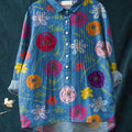 Women's Vintage Floral Art Print Casual Cotton And Linen Ruffle Shirt