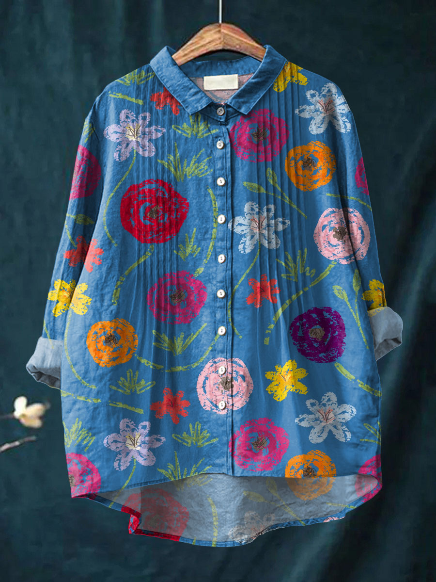 Women's Vintage Floral Art Print Casual Cotton And Linen Ruffle Shirt