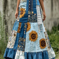 Women's Elastic Waist Sunflower Pattern Splicing Print A-Line Casual Cotton and Linen Skirt